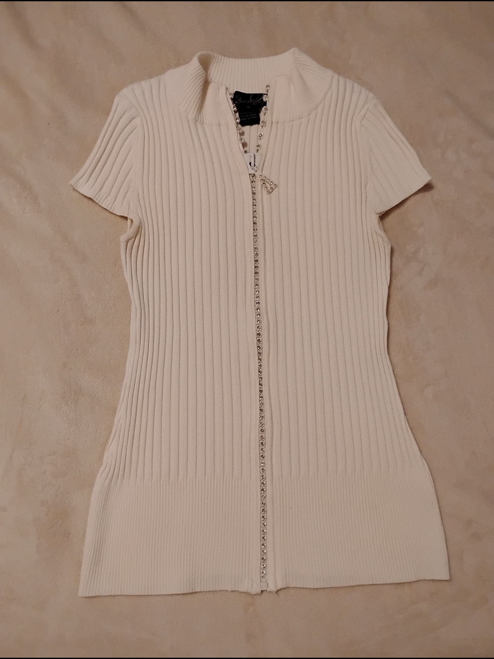 Vintage Y2K Cream Bling Rhinestone  Zip Up Rib Knit Blouse Cardigan Size M